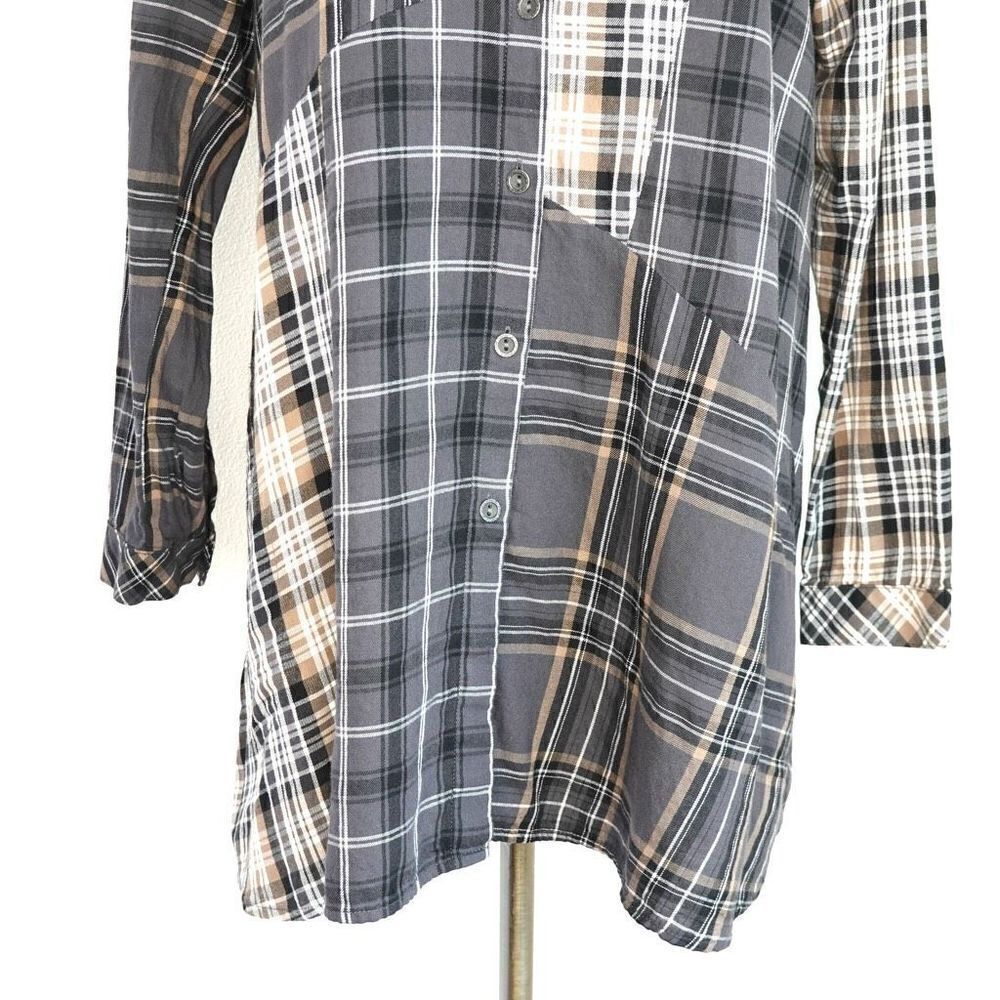 J.Jill Long Multi Plaid Button Down Blouse Tan Black White Size Medium Petite - Picture 7 of 14